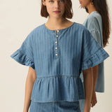 Top jean rayé volanté Lisette - Bleu - DES PETITS HAUTS