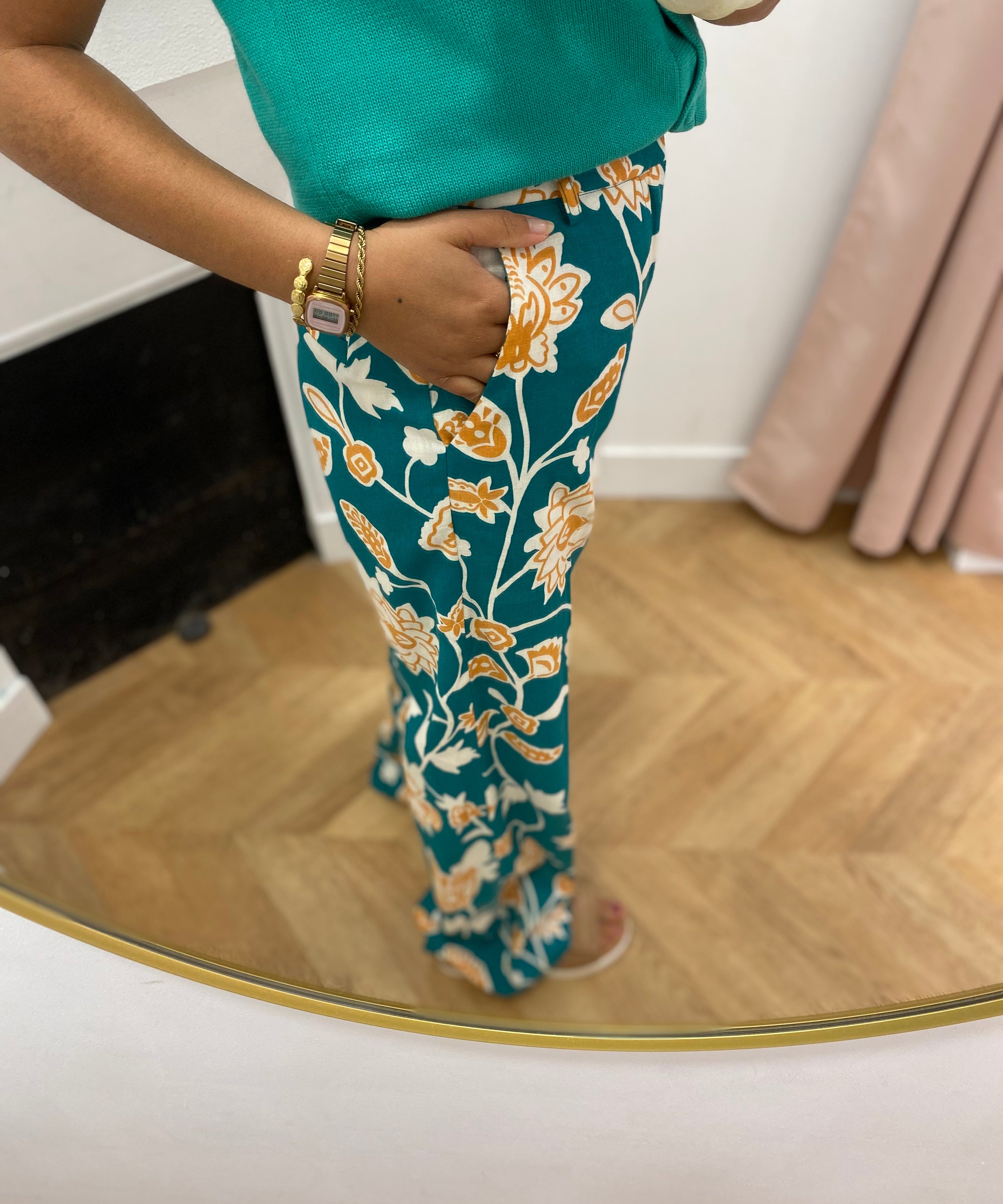 Pantalon taille haute jambe large imprimé floral Varino - Vert - GRACE & MILA
