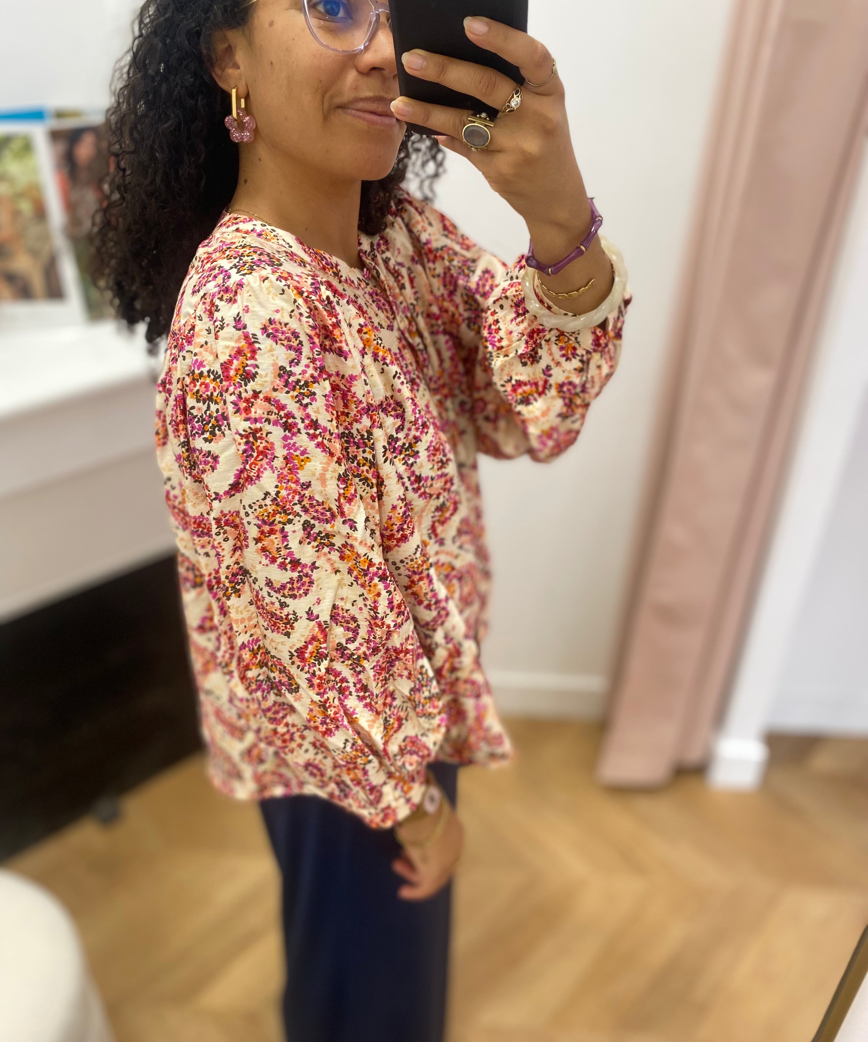 Blouse ample manches bouffantes à imprimé floral Vezia - Pêche - GRACE & MILA