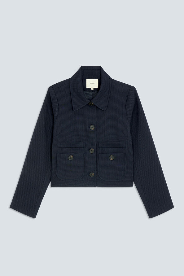 Visuel à plat de la veste courte à motif pied-de-poule bleu nuit SUNCOO FEMME Dexter