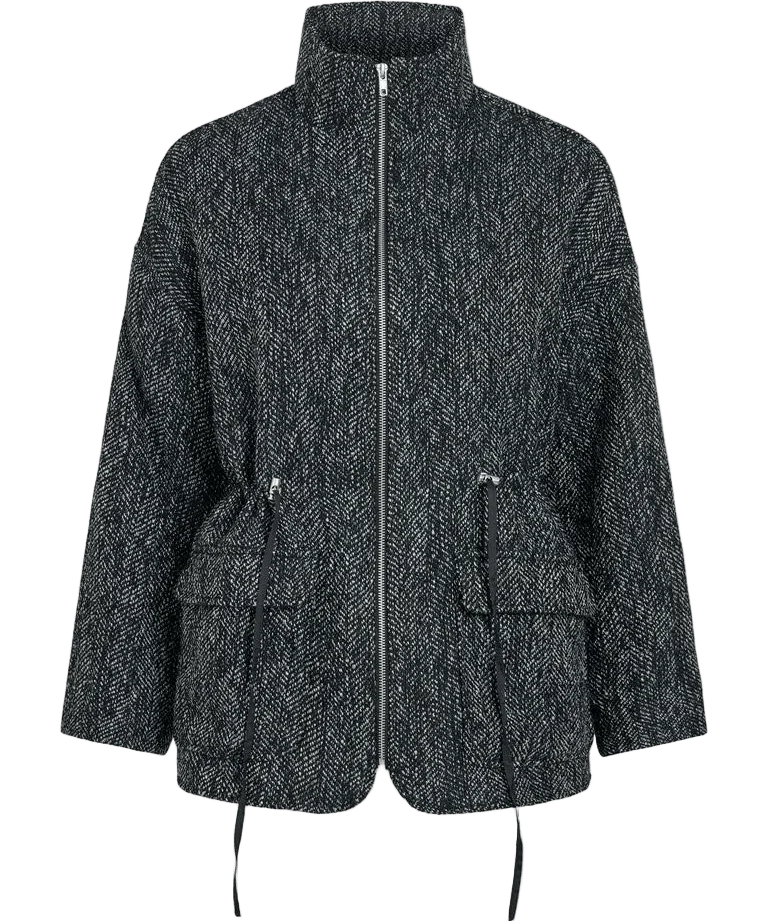 Veste courte à chevrons gris et noir C'EST BEAU LA VIE Vionette avec col montant, zip et cordon de serrage taille vue de face