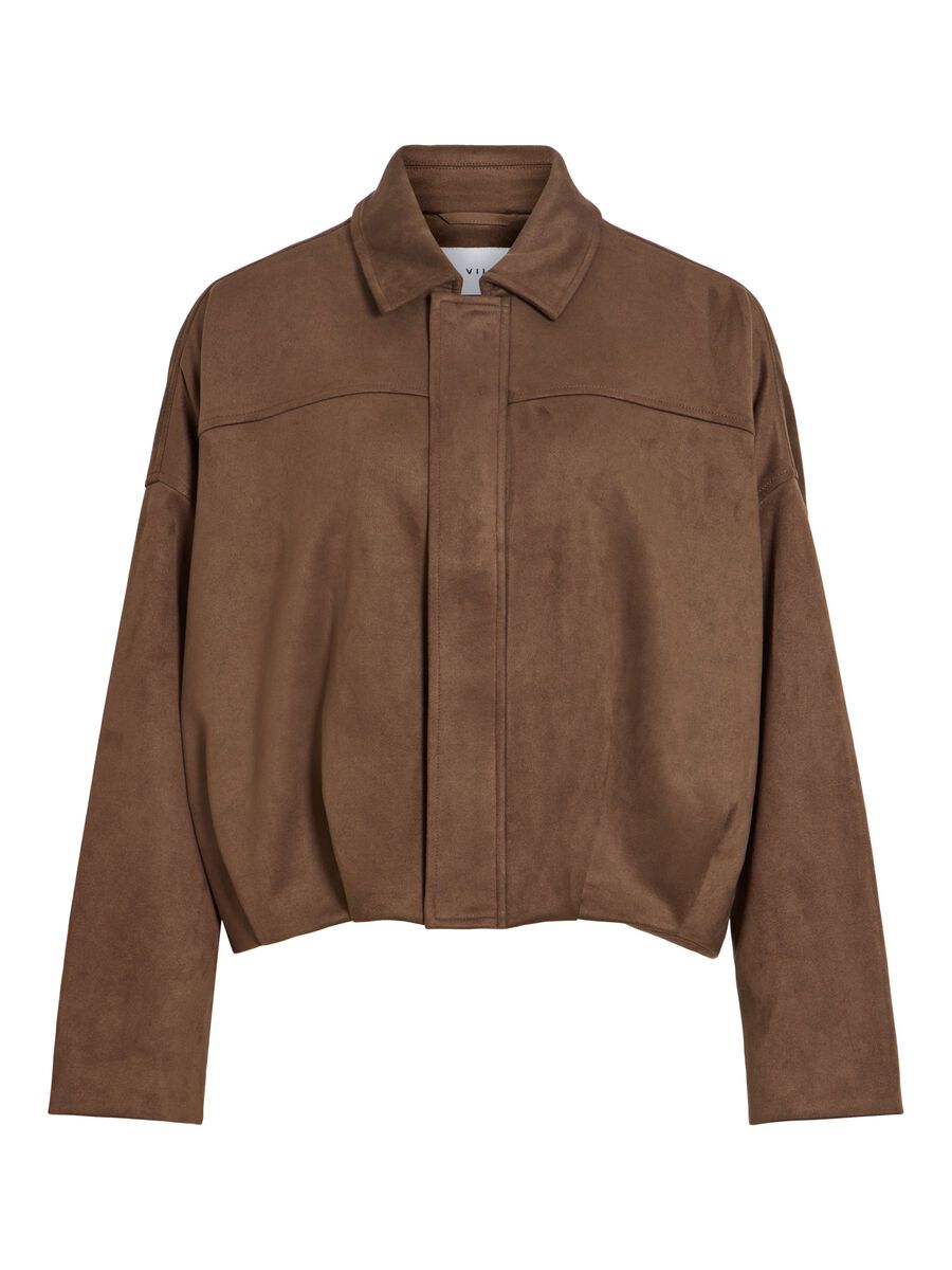Vue à plat de la veste bomber Viviral marron VILA fermée mettant en avant le col et la patte de boutonnage