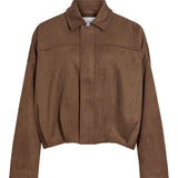 Vue à plat de la veste bomber Viviral marron VILA fermée mettant en avant le col et la patte de boutonnage