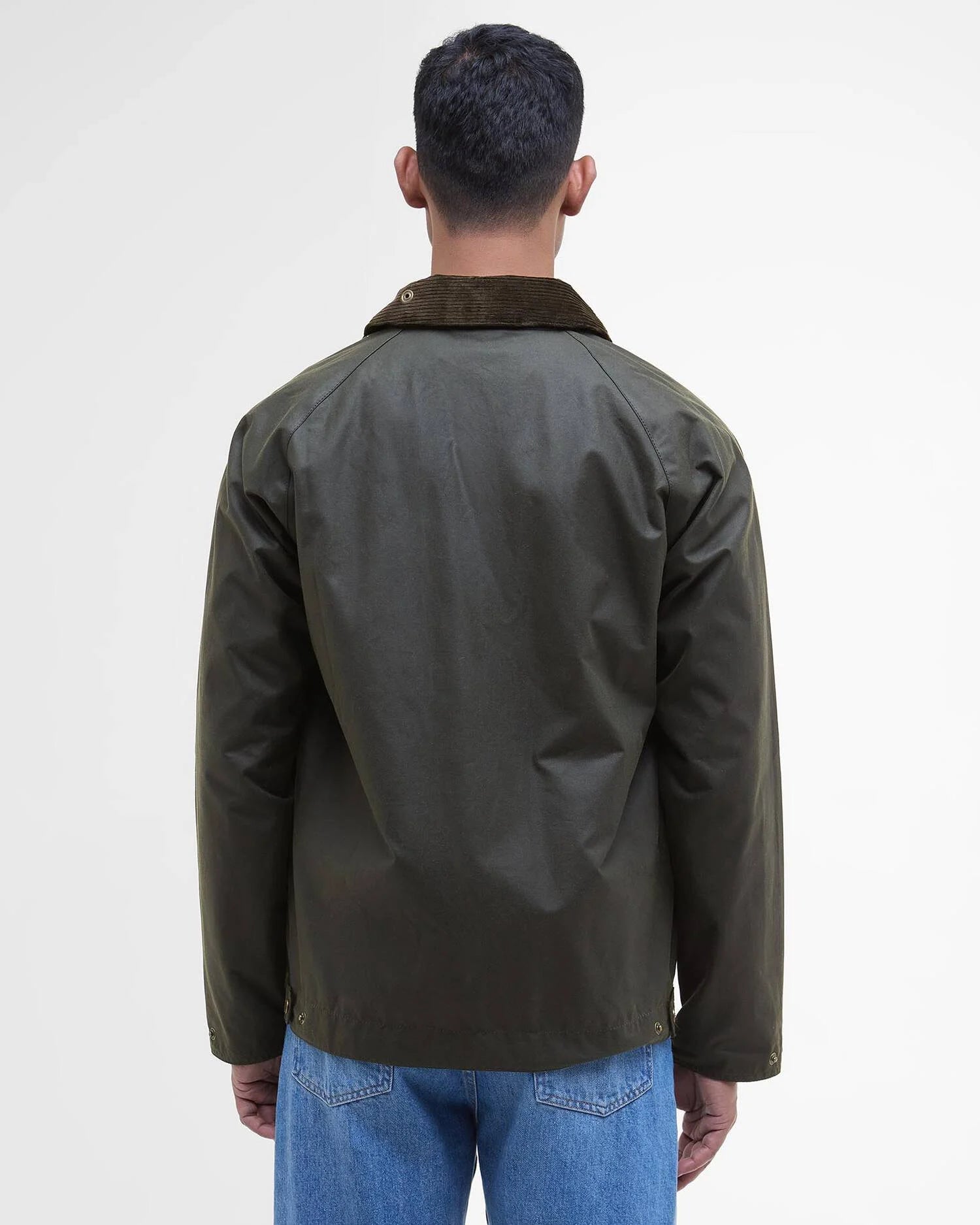 Vue de dos de la veste ciree courte Bedale vert fougere BARBOUR HOMME