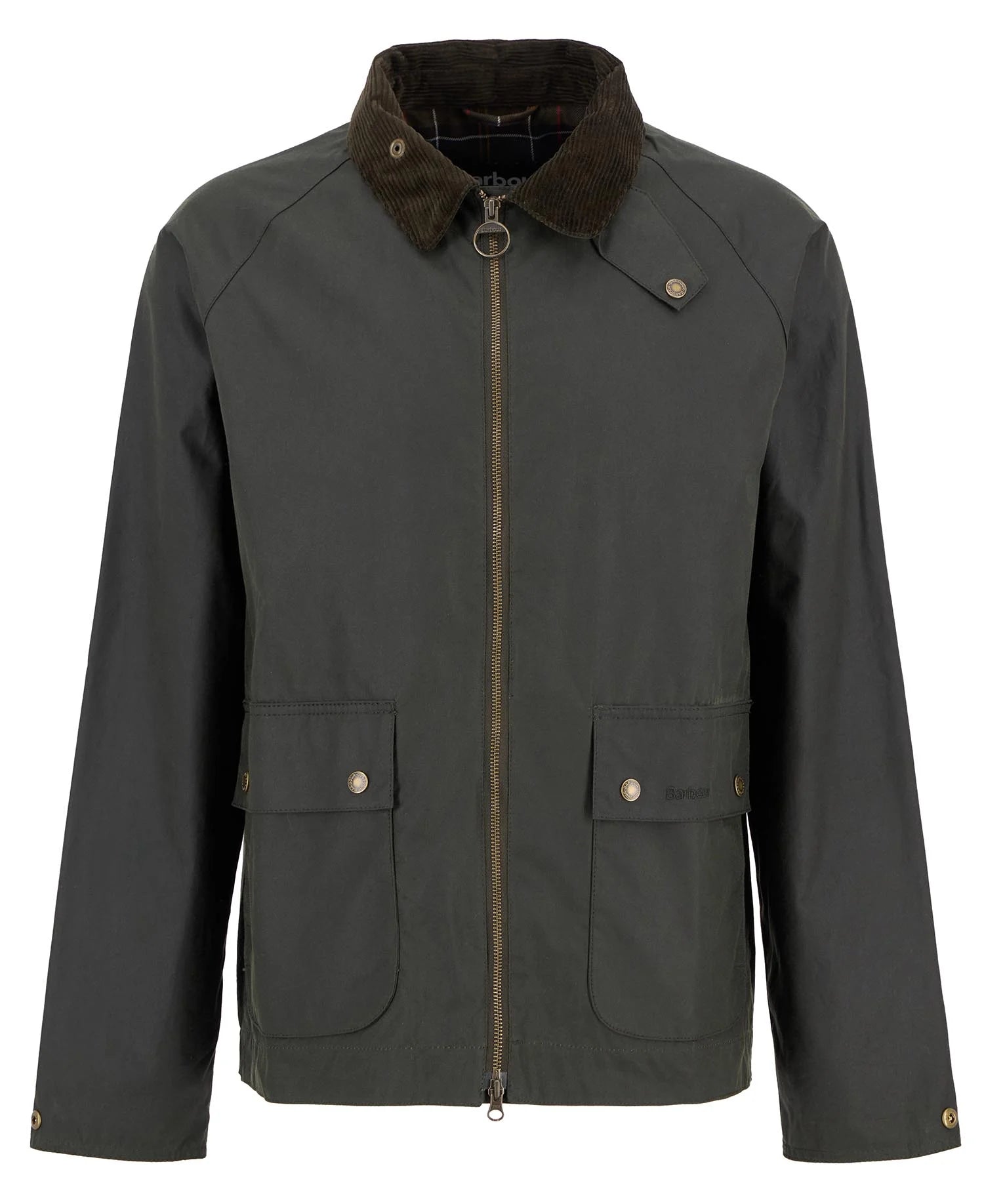 Photo a plat de la veste ciree courte Bedale vert fougere BARBOUR HOMME avec grandes poches avant
