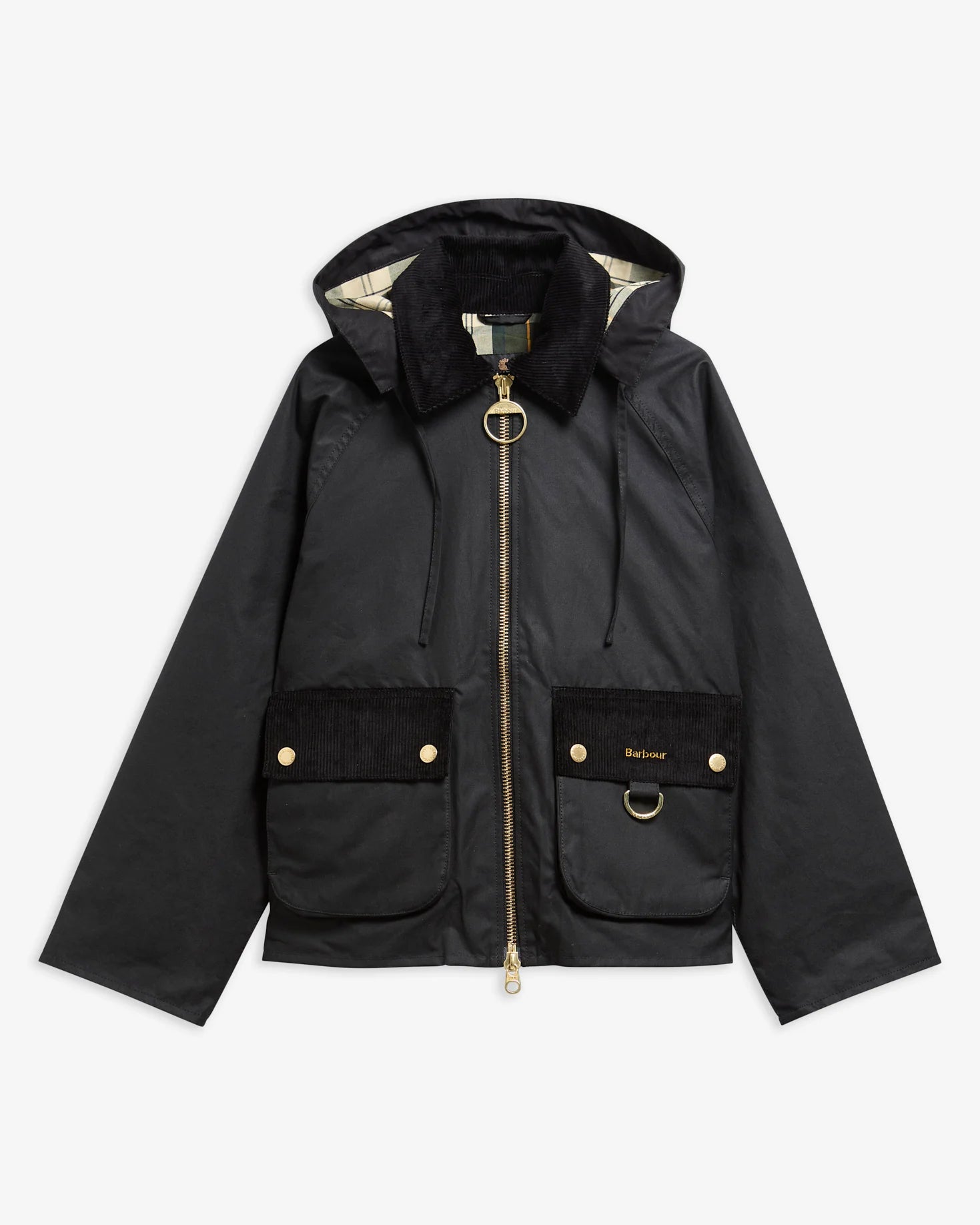 Vue à plat de la veste cirée Carville noire BARBOUR FEMME avec ses poches à soufflet et sa capuche