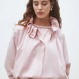 Veste courte en satin col volanté Dorian - Rose - SUNCOO