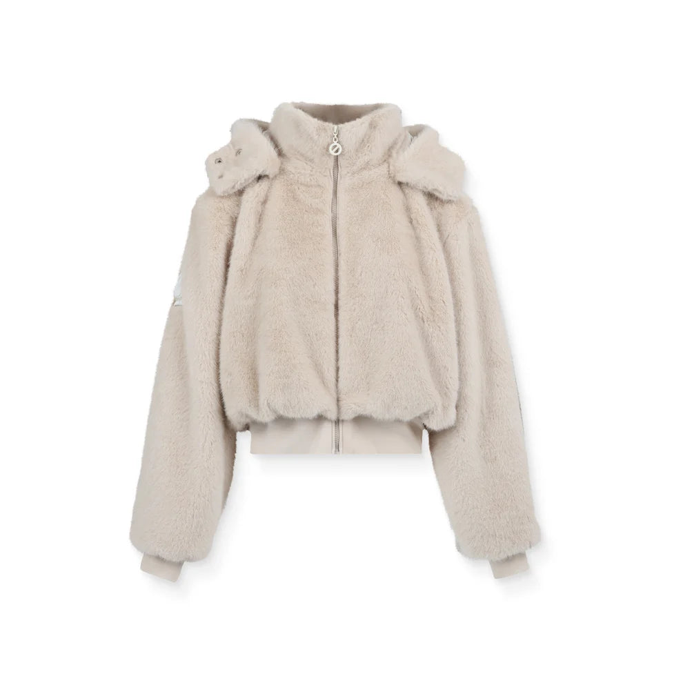 Visuel de face de la veste courte en fausse fourrure sherpa grège NO NAME Carter à capuche