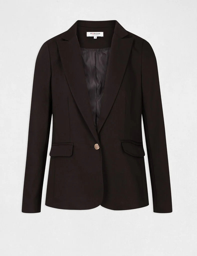 Vue à plat de la veste de tailleur noire à bouton doré MORGAN Vlime