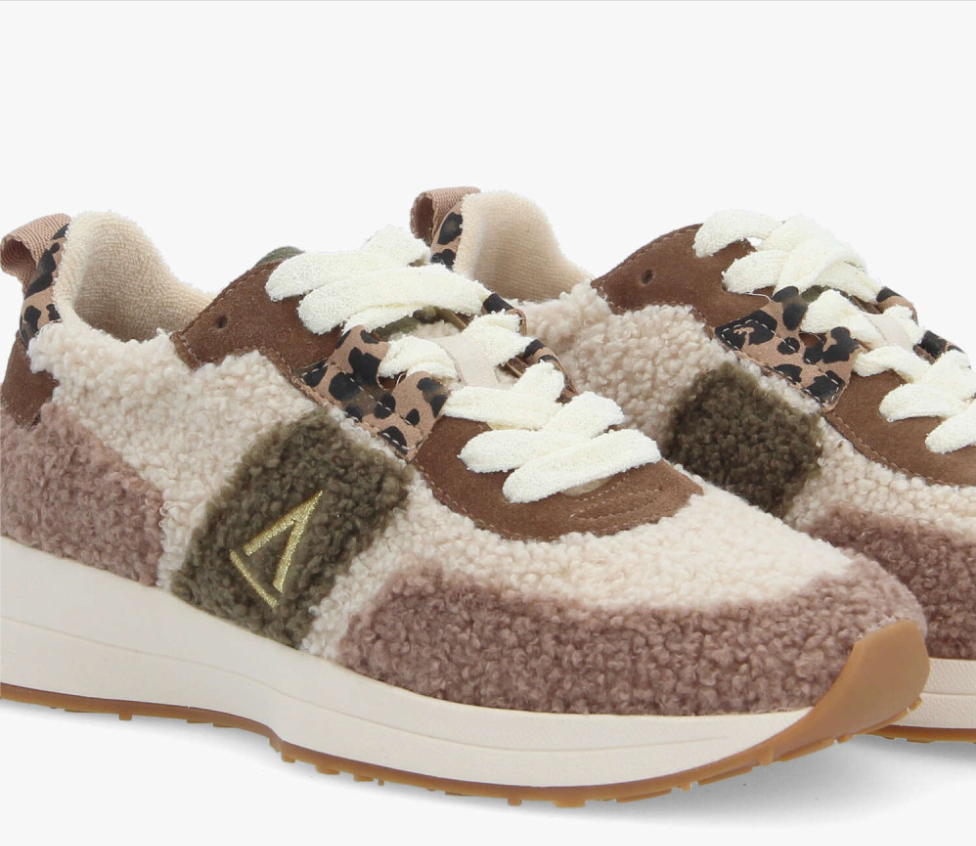 Baskets Moon Jogger W ARMISTICE Moka/Brun – détail effet pilou, cuir et imprimé léopard