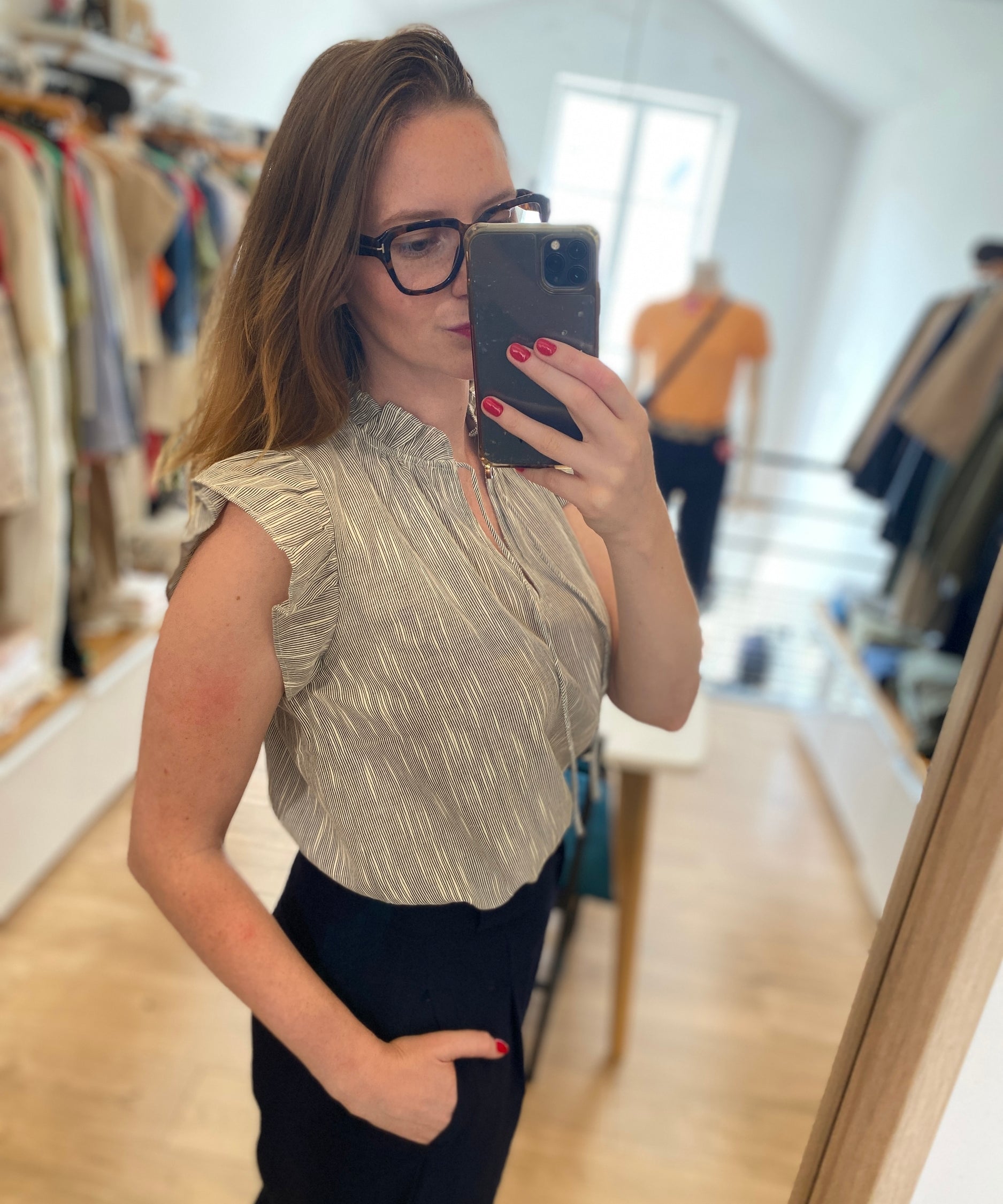 Blouse courte coton à rayures Lamie - Noir - Suncoo