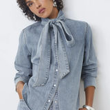 Blouse en denim clair col lavallière Laos - Bleu - SUNCOO