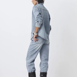 Blouse en denim clair col lavallière Laos - Bleu - SUNCOO