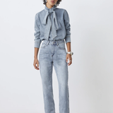 Blouse en denim clair col lavallière Laos - Bleu - SUNCOO