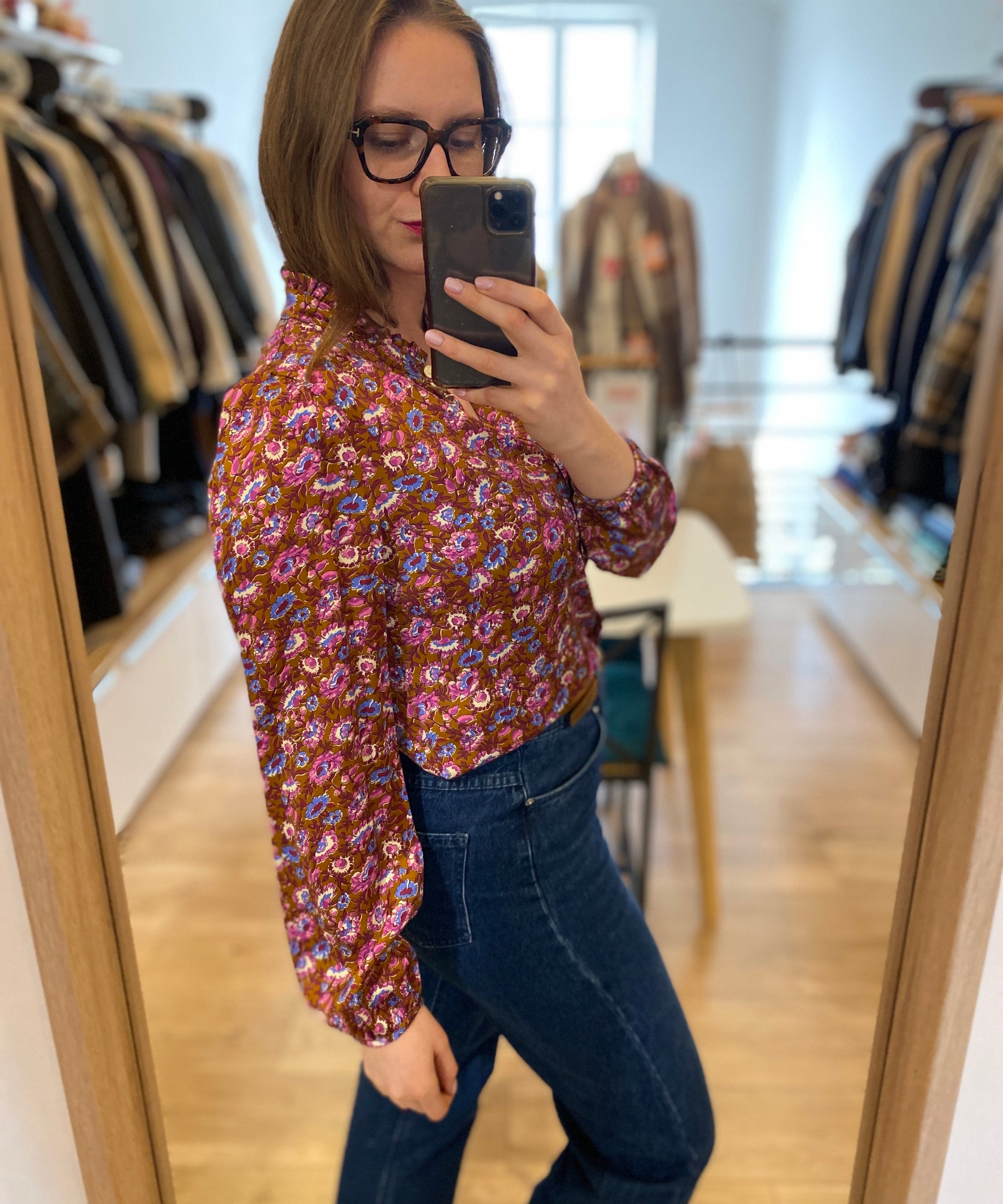 Blouse fleurie col collerette - Camel - I.CODE