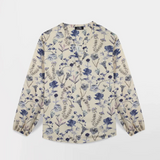 Blouse fluide Noemamis TBS beige à fleurs bleues et manches longues vue de face