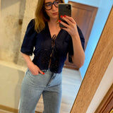 Blouse courte brodée Linda - Bleu marine - Suncoo