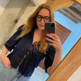 Blouse courte brodée Linda - Bleu marine - Suncoo