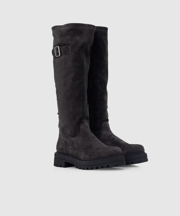 Bottes Chunky en cuir velours - Grises - IKKS WOMEN