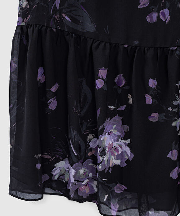 Jupe longue volantée en voile imprimé fleurs esquisses - Noir - IKKS