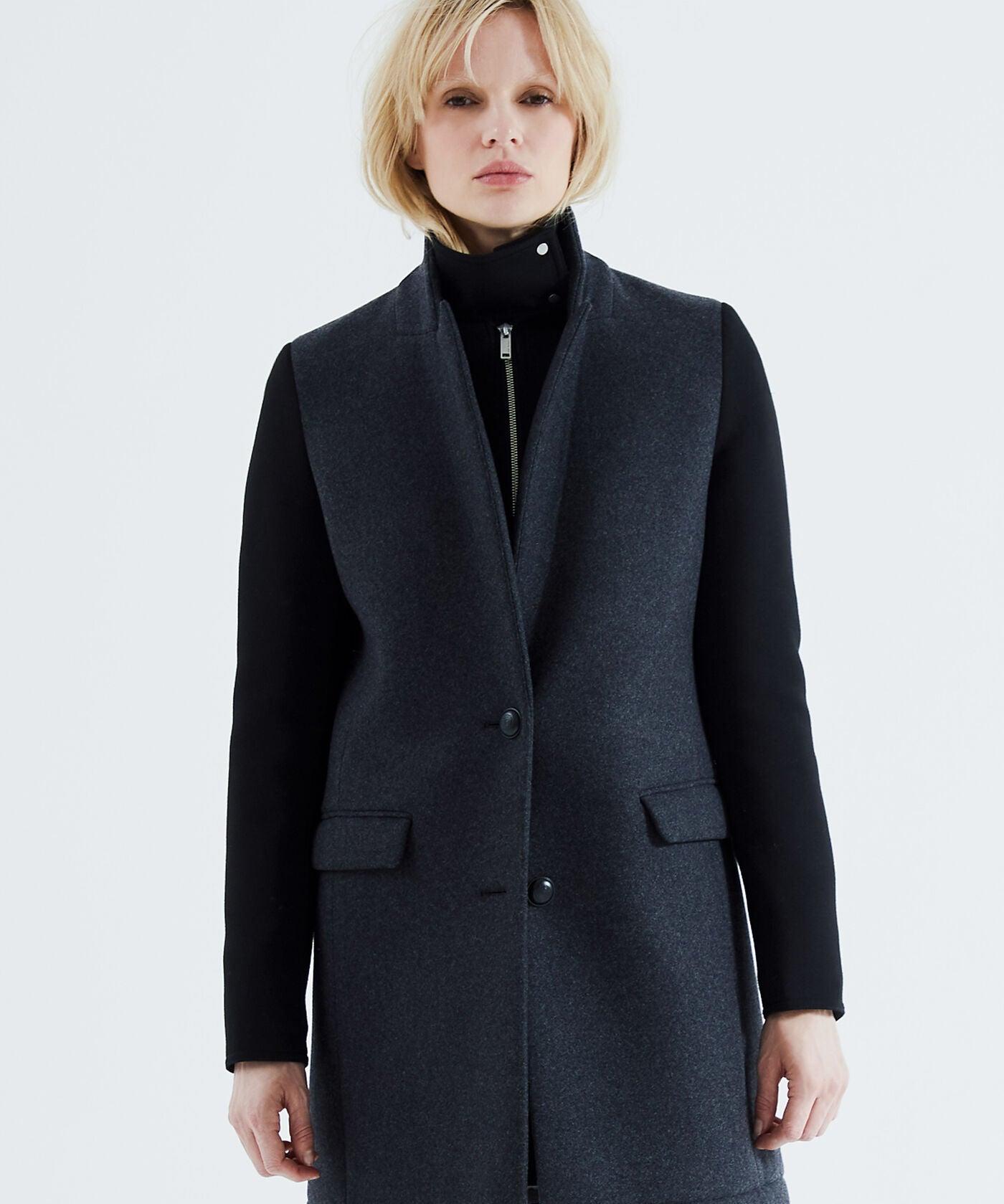Manteau droit en laine double parmenture - Gris foncé - IKKS