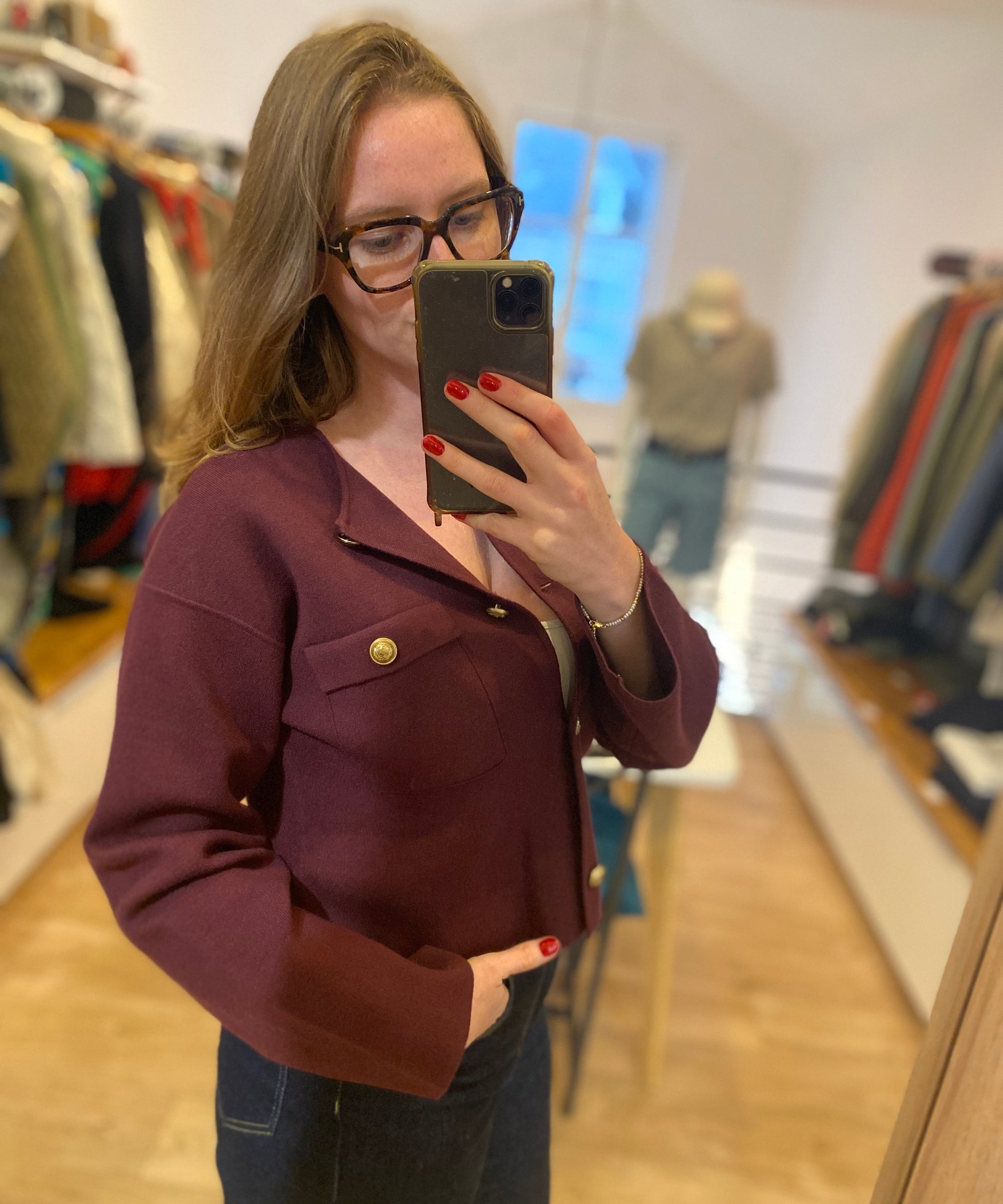 Cardigan court bordeaux tricot poches plaquées femme - Aubergine - IKKS