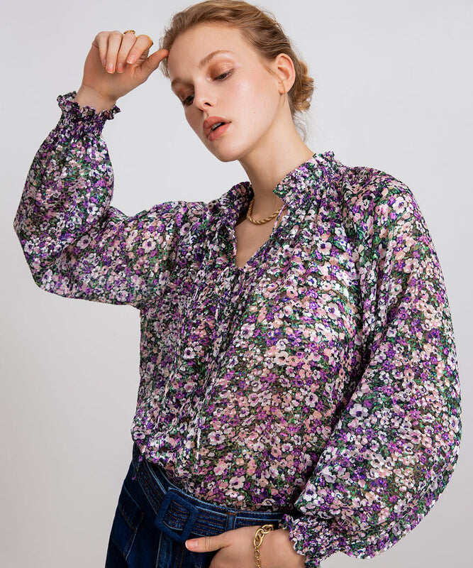Blouse lavallière fluide imprimé liberty Leony - mauve - SUNCOO