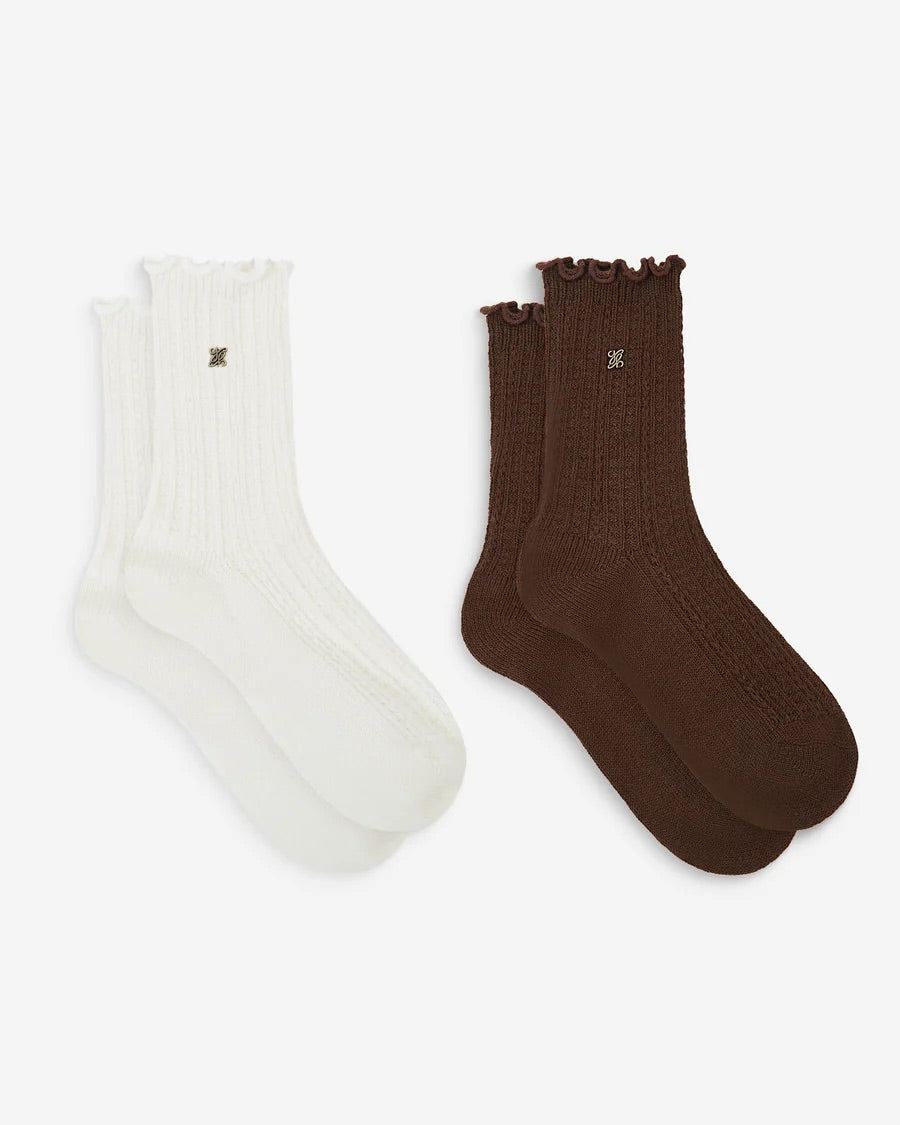 Lot de 2 paires de chaussettes AGATHE GRACE & MILA écru et chocolat – maille ajourée et bords festonnés