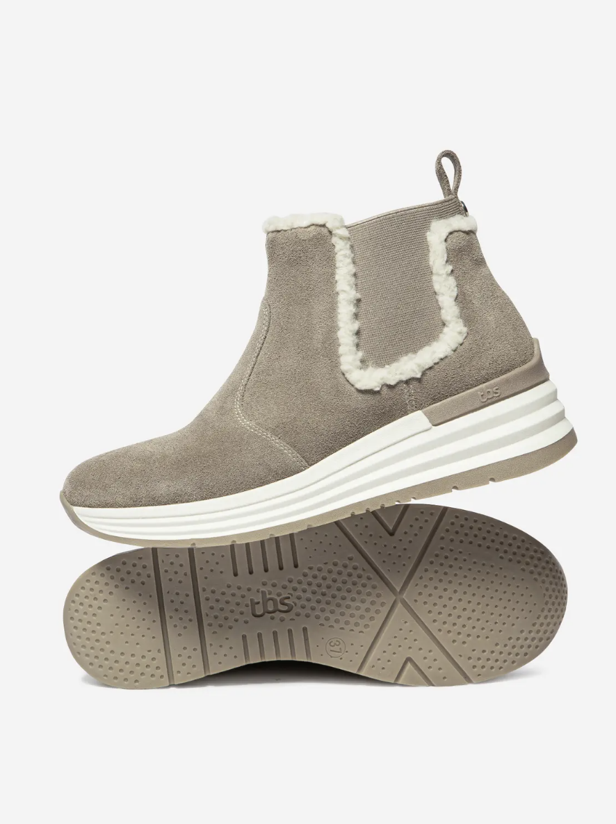 Bottines Temarie TBS en cuir velours taupe avec semelle épaisse vue avec semelle extérieure