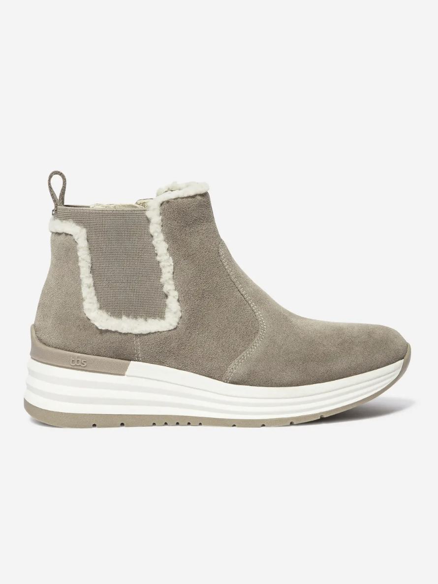 Bottine Chelsea Temarie TBS taupe et beige en cuir velours vue de profil