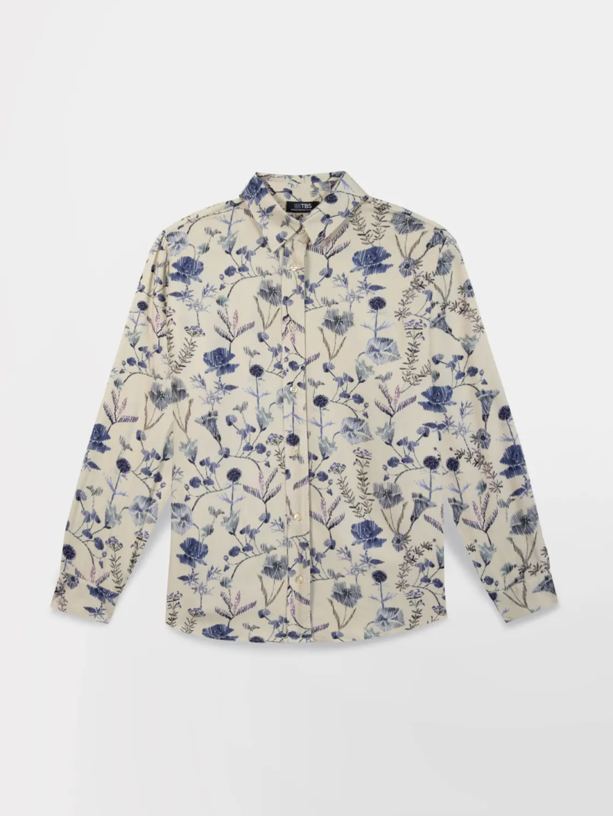 Chemise fleurie Noemache TBS beige et bleue à manches longues vue de face