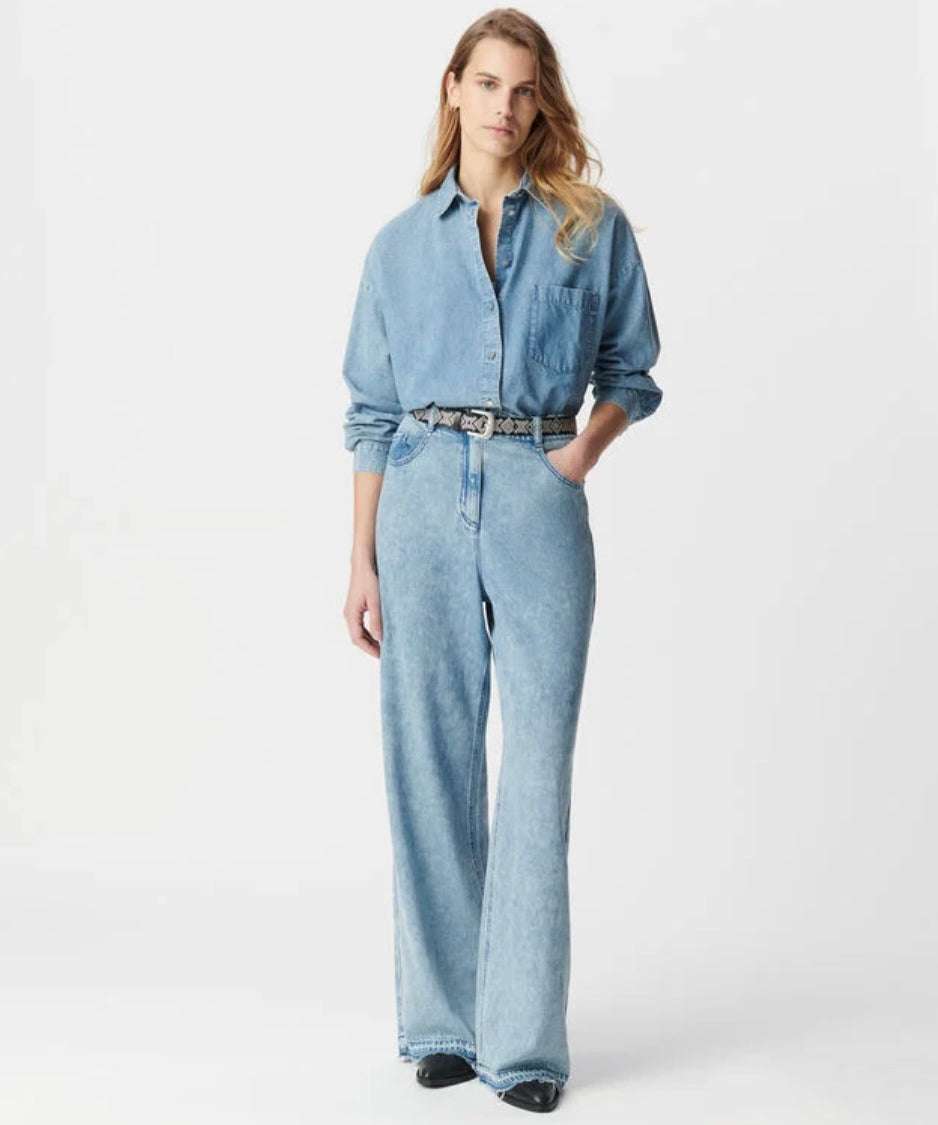 Chemise manche longue en jean coton bio loose femme - Bleu - IKKS women