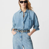 Chemise manche longue en jean coton bio loose femme - Bleu - IKKS women