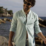 Chemise rayée en coton et lin Ivoy - vert et écru - FAGUO HOMME