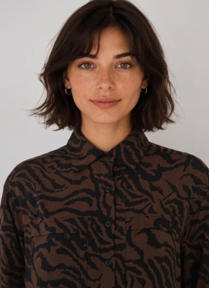 Chemisier Zebra Lola Espeleta marron – détail col, boutons et poches poitrine
