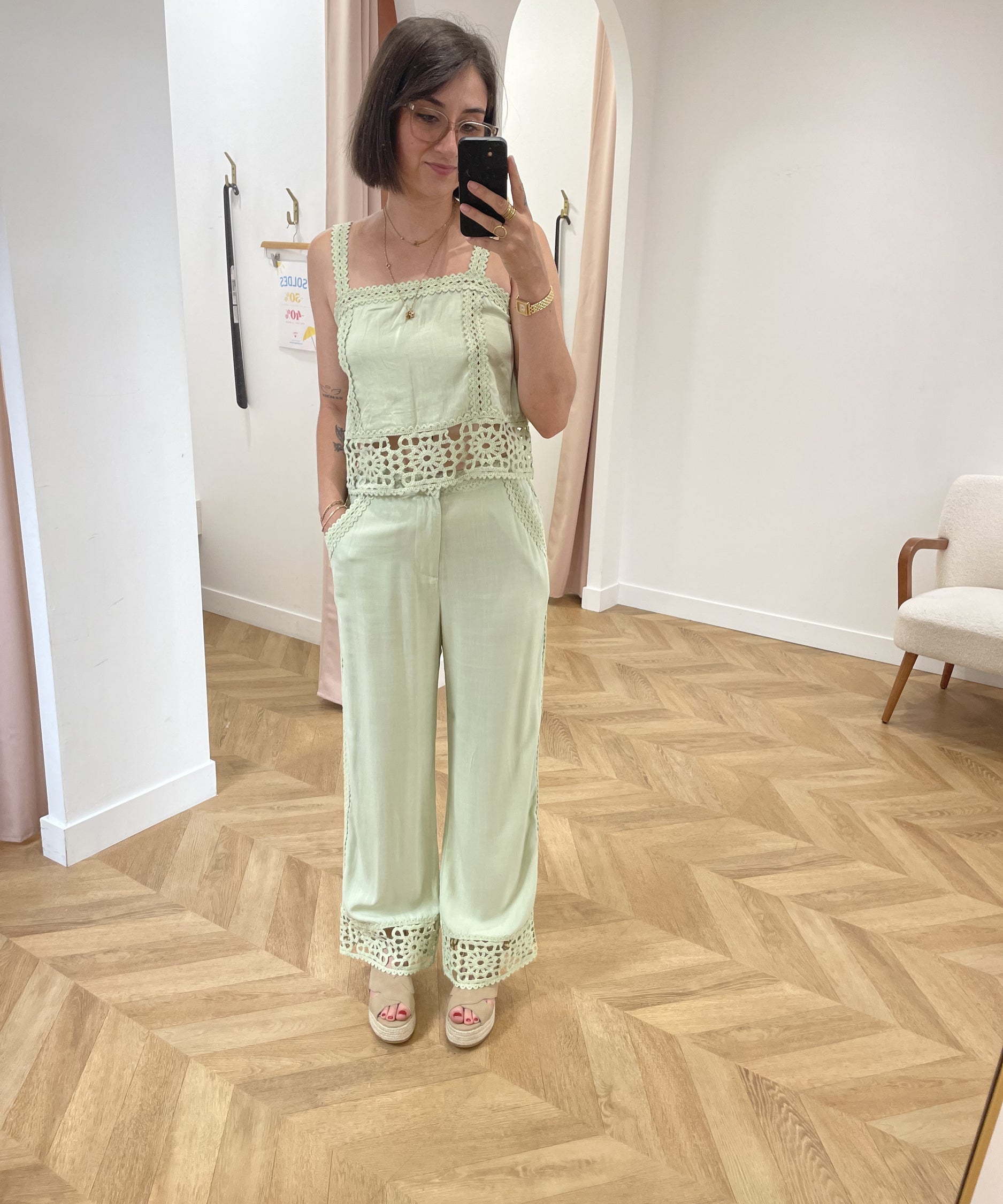 Pantalon droit détail en crochet Priella - Vert - LA PETITE ETOILE
