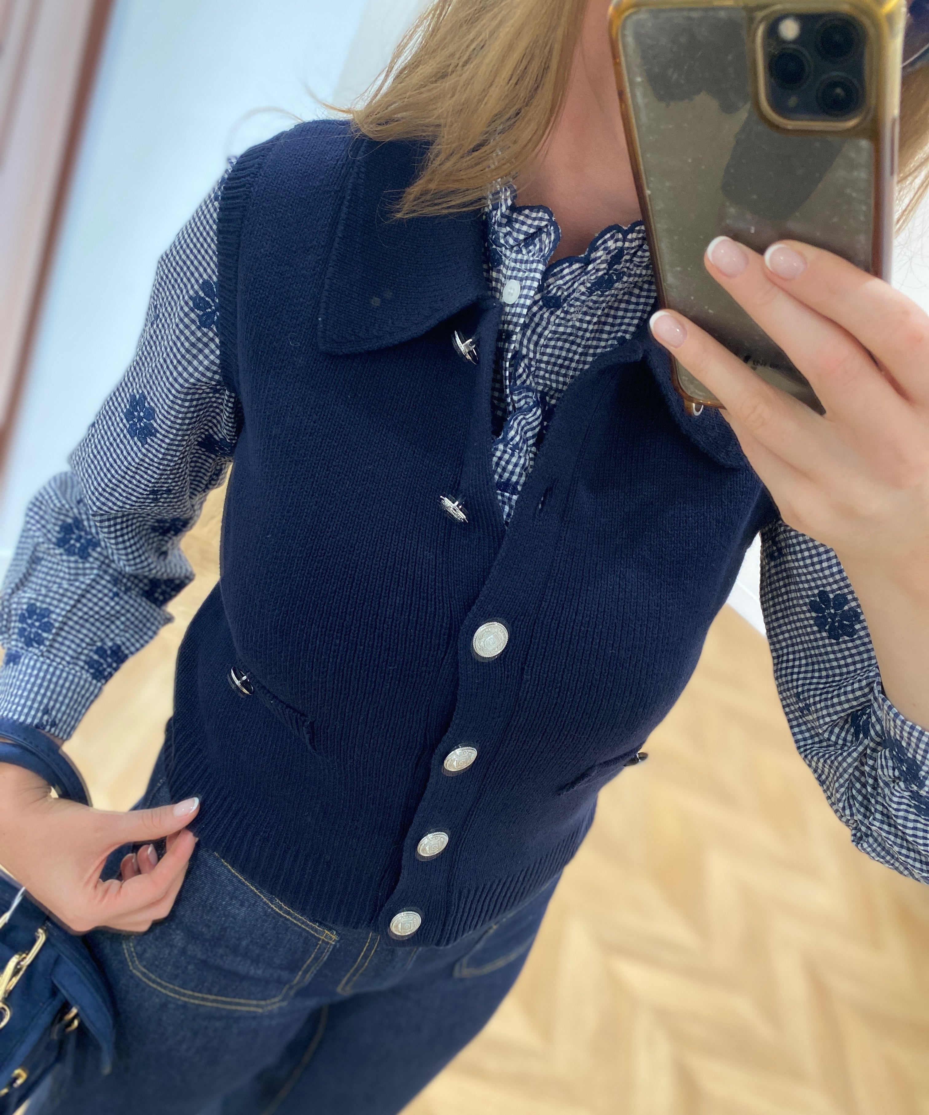 Gilet femme Sibella VILA Navy Blazer en maille avec boutons métallisés