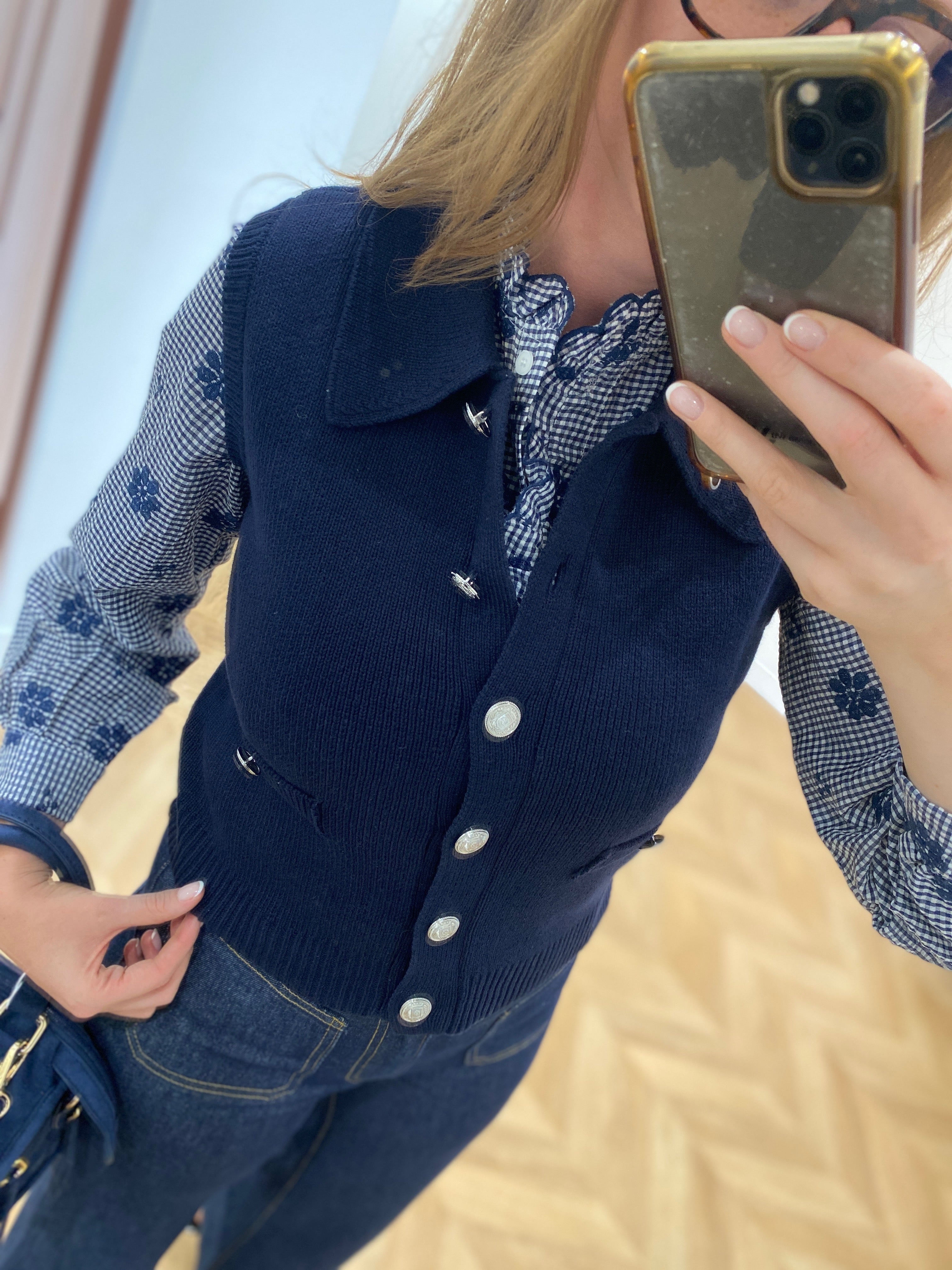 Gilet femme Sibella VILA Navy Blazer en maille avec boutons métallisés