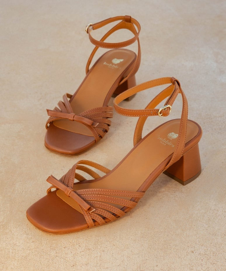 Talon carré fines brides avec nœud - Camel - BOBBIES FEMME