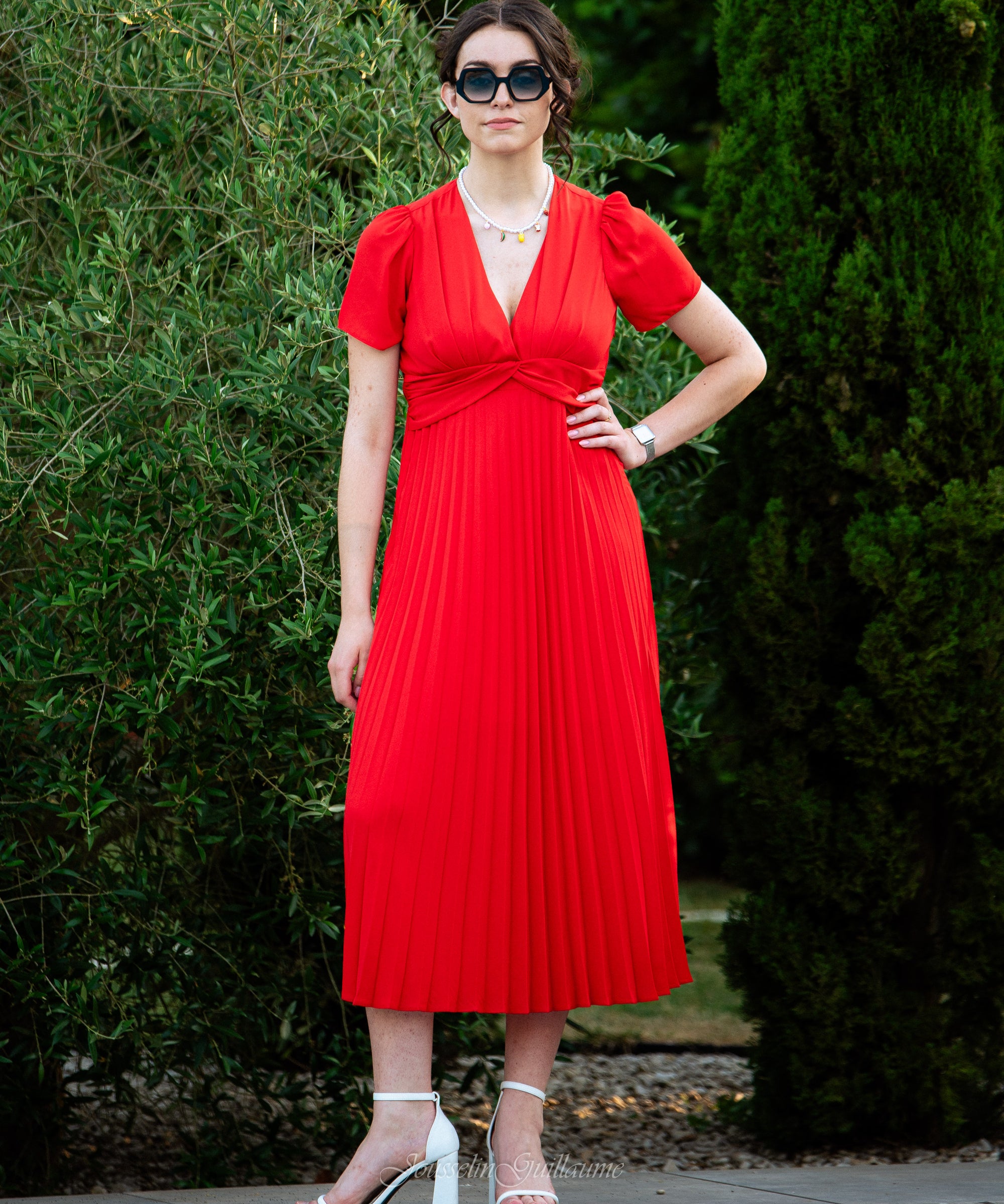 Robe plissée drapée à la taille - Rouge carmin - I.Code