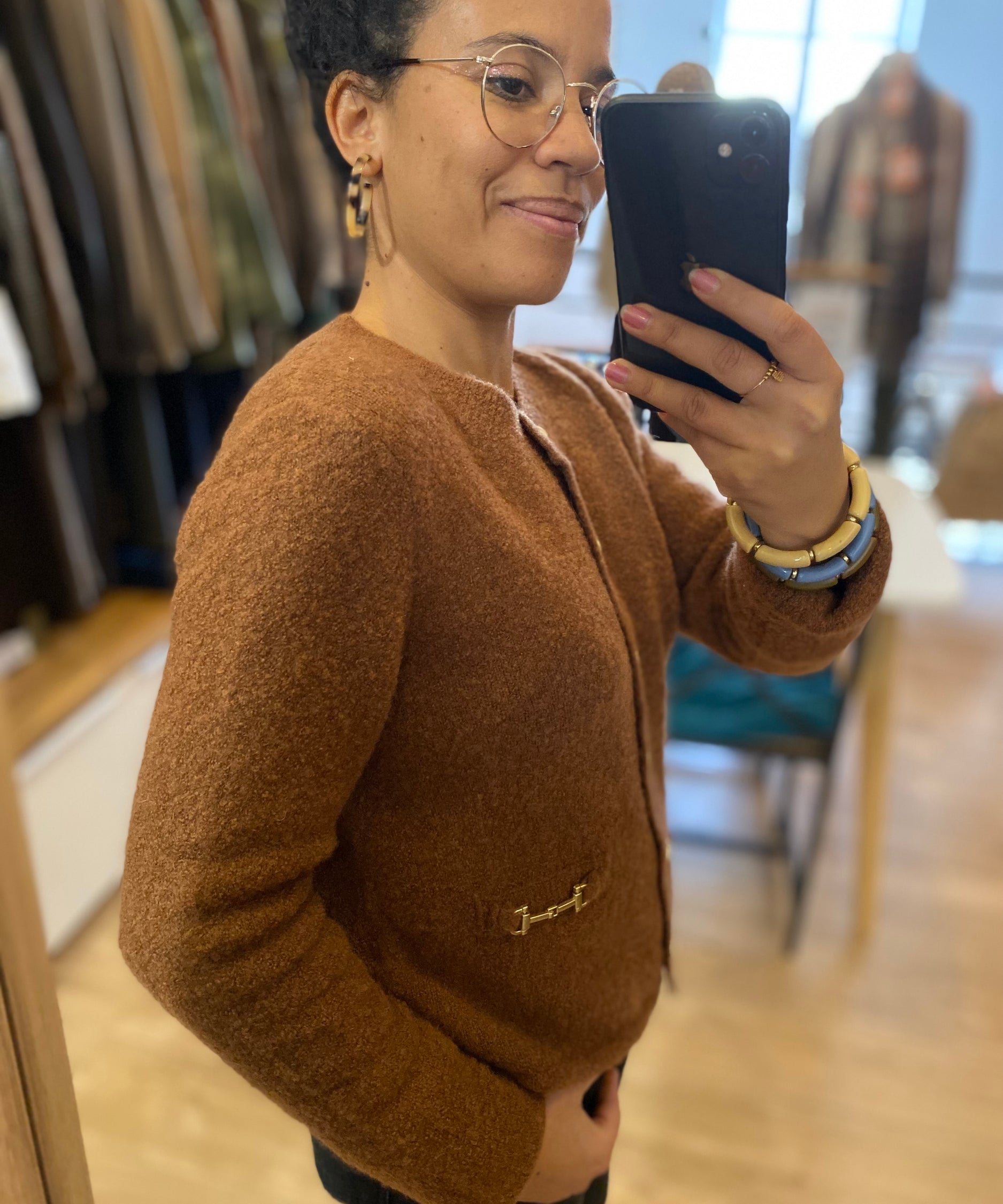 Cardigan court boutons or effet tweed GALIA - Chocolat - SUNCOO