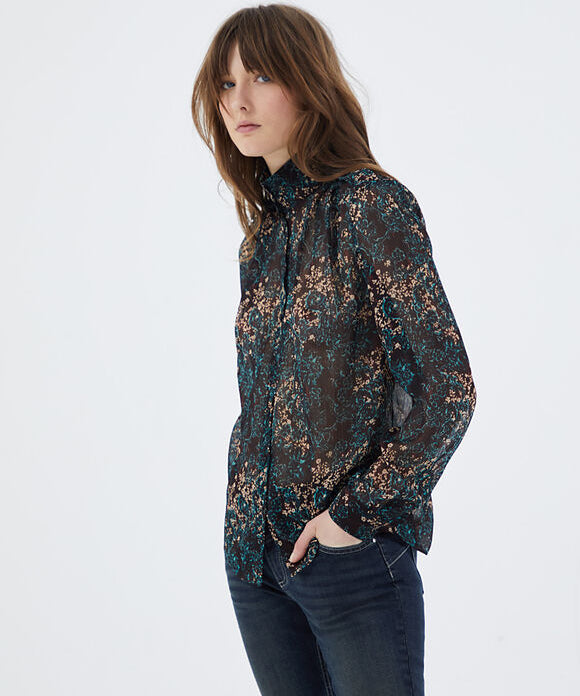 Blouse en voile créponné - imprimé arabesque florale grenat - IKKS Women