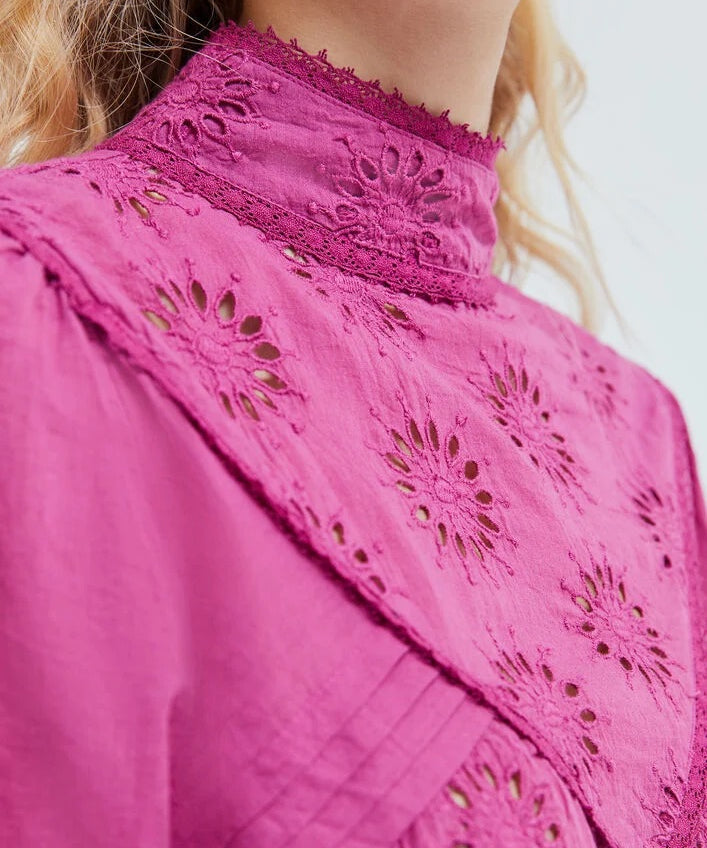 Blouse en coton bio broderie fleurs - Violet - IKKS
