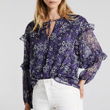 Blouse volantée oversize voile créponné  - imprimé floral femme lavande - IKKS Women