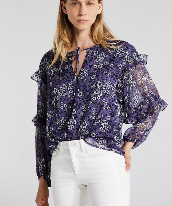 Blouse volantée oversize voile créponné  - imprimé floral femme lavande - IKKS Women