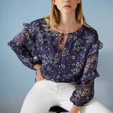 Blouse volantée oversize voile créponné  - imprimé floral femme lavande - IKKS Women