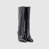 Bottes à talons en cuir embossé crocodile - Noir - IKKS