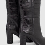 Bottes à talons en cuir embossé crocodile - Noir - IKKS