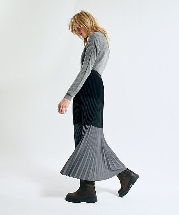 Jupe longue plissée - mix matières taille élastiquée - IKKS WOMEN