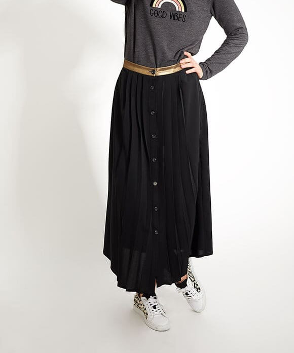 Jupe midi plissée à ceinture dorée - Noir -  I.Code